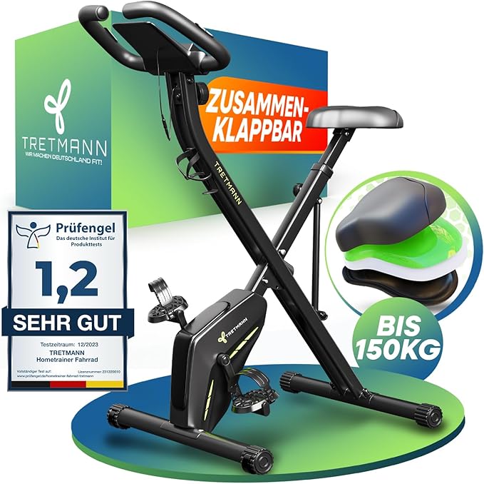 Tretmann Home klappbarer Heimtrainer in Schwarz-Grün, frontal vor neutralem Hintergrund