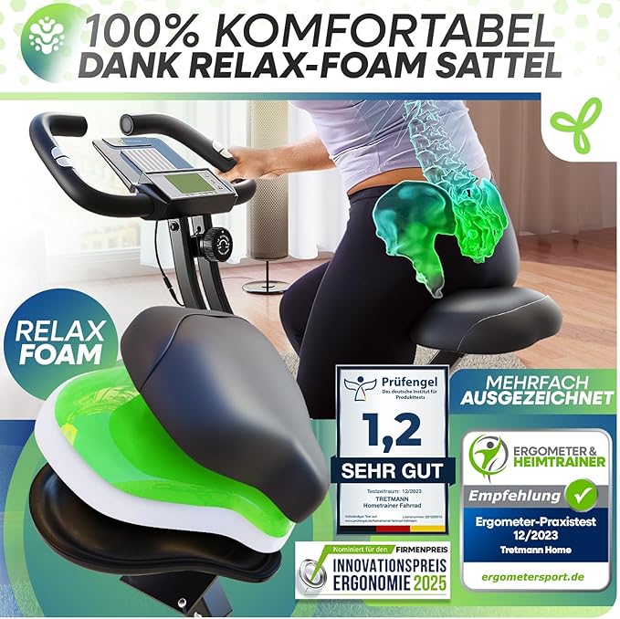 Illustrationsgrafik: Trainingsfunktionen und Verwendungsszenen des Tretmann Home Ergometer, Sattel