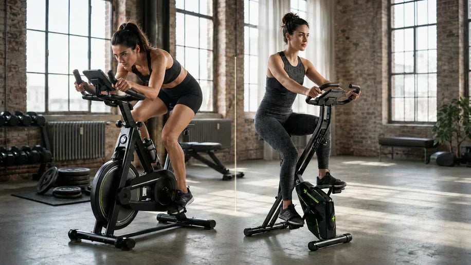 Ergometer oder Indoor Bike: Zwei Frauen auf Fitnessgeräten zum Vergleich der beiden Geräte