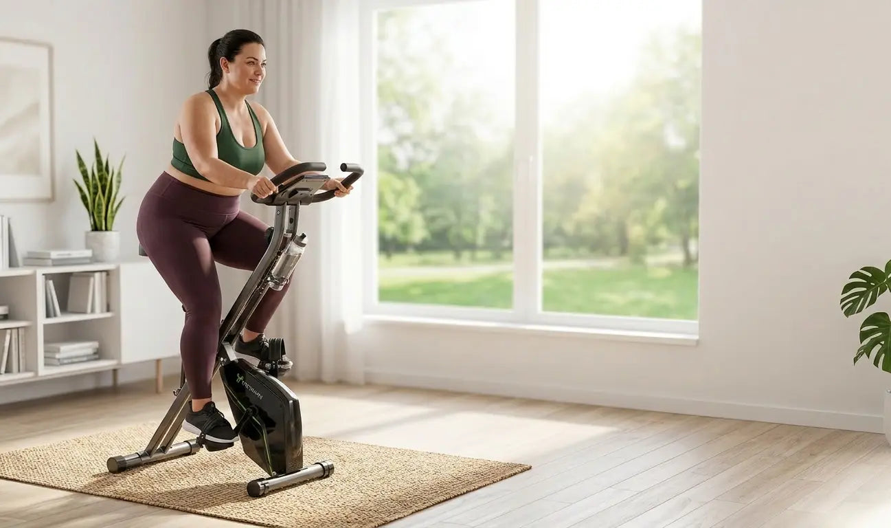 Eine Frau will Abnehmen mit Heimtrainer in ihrer Wohnung