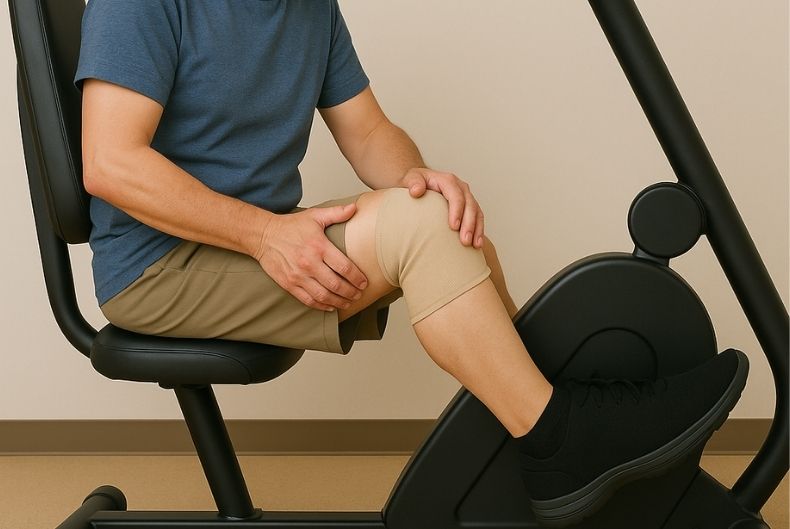 ext: Ein Mann hält sich sein verletztes Knie auf einem Ergometer für Kniepatienten