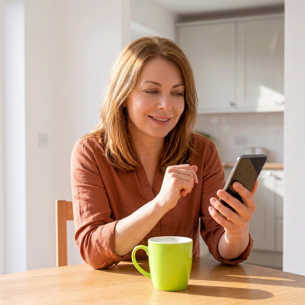 Frau lächelt über die Bestätigung ihrer Empfehlung und den erhalt von ihrem Geschenk auf dem Smartphone